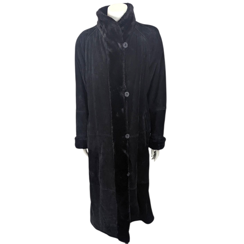 Vintage 90s Gallery Suede Leather Long Coat Parka Fur Lining Womens Small Black